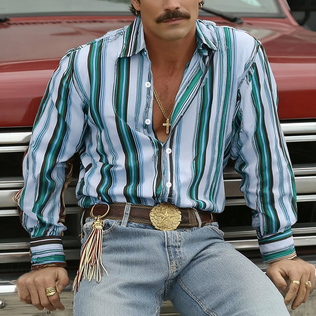 Bărbați Geometric Dungi Cămașă Cămașă occidentală Cămașă de cowboy Manșon Lung Vintage Retro Casual În aer liber Îmbrăcăminte de Muncă Vară Primăvară Răsfrânt Imprimare 3D Cămașă de in Cămăși cu 2026 - $27.99 –P2