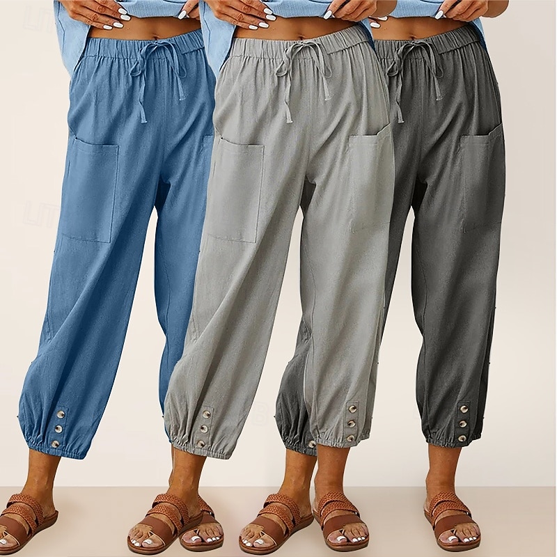 Conjunto com 3 calças capri femininas de algodão, ideais para o verão, casuais, básicas, cintura alta, lisas, com bolsos, cintura elástica, confortáveis, respiráveis, sem elasticidade, para uso diário, em casa e nas férias, nas cores azul, azul marinho e  de 2026 por $47.99 –P6