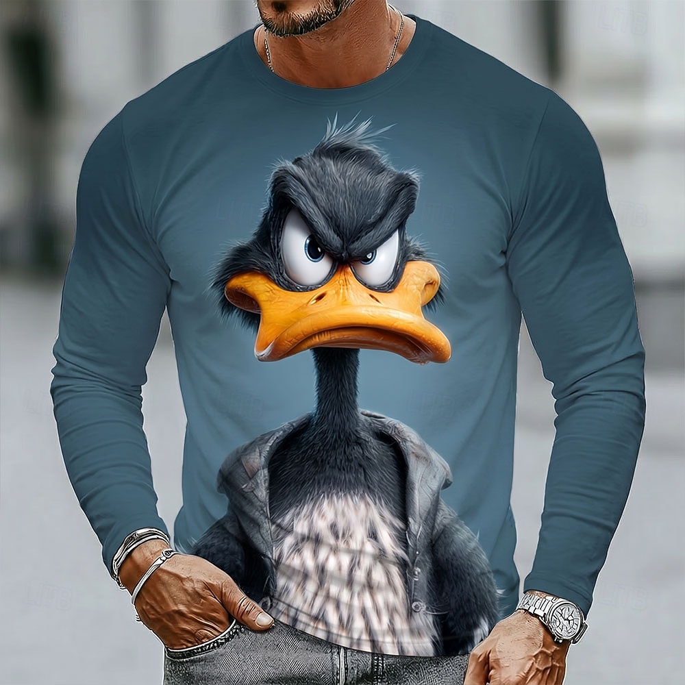 Herren-T-Shirt mit einfarbigem Entenmotiv, langärmelig, 3D-Druck, Rundhalsausschnitt, lustig, lässig, für Alltag und Freizeit, in Blau, Schwarz und Gelb, Frühling/Herbst, Größen: S, M, L, XL, 2XL, 3XL 2026 - $19.99 –P3