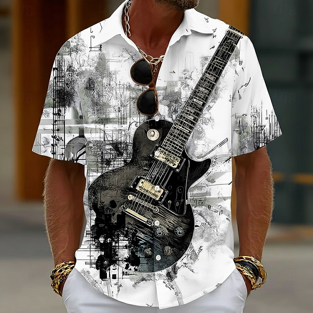 Męskie Gitara Instrument muzyczny Nuty Koszula Zapinana na guziki koszula Krótki rękaw Vintage Retro Codzienny Festiwal Muzyczny Lato Wiosna Wieczorne Druk 3D koszule z kołnierzykiem Niebieski Biały 2026 - $25.99 –P2