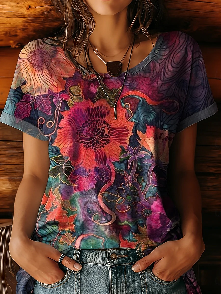Women's T Shirt Print Floral Graphic Plants Vintage Stylish Casual Short Sleeve Crew Neck Round Neck Regular Tops Casual Daily Blue Pink Purple Summer Spring 2026 - $22.99 –P2
