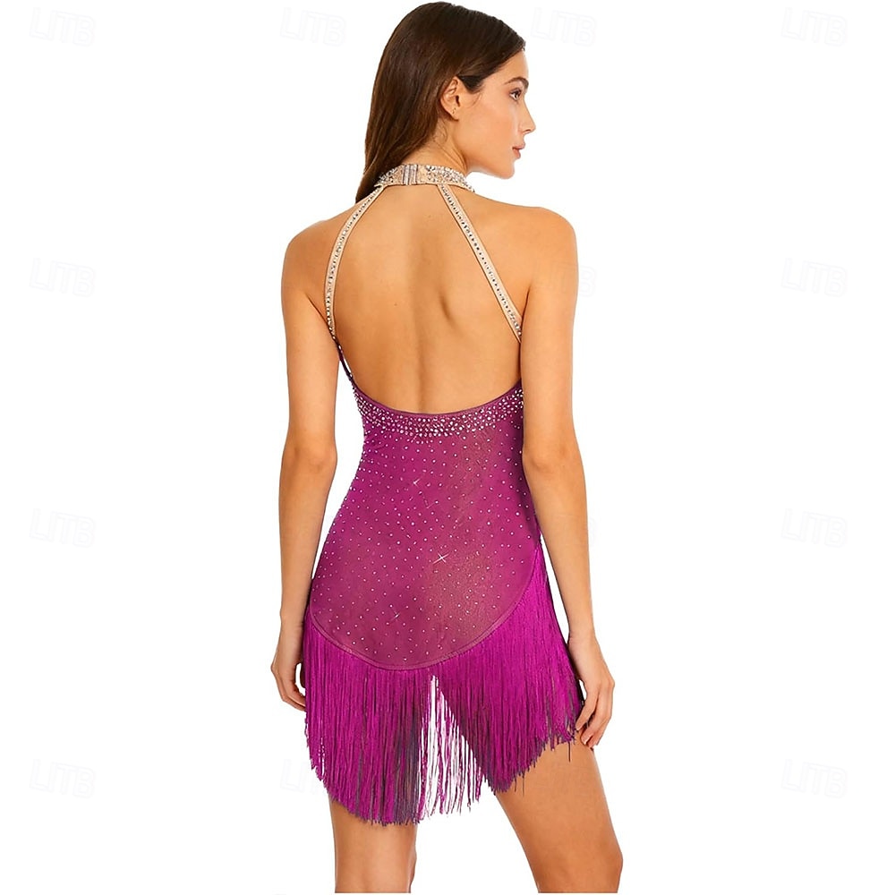 Women's Magenta Latin Dance Dress - Halter Neck Sparkly Rhinestone Fringe Dress for Ballroom, Salsa & Performance 2026 - $305.39 –P4