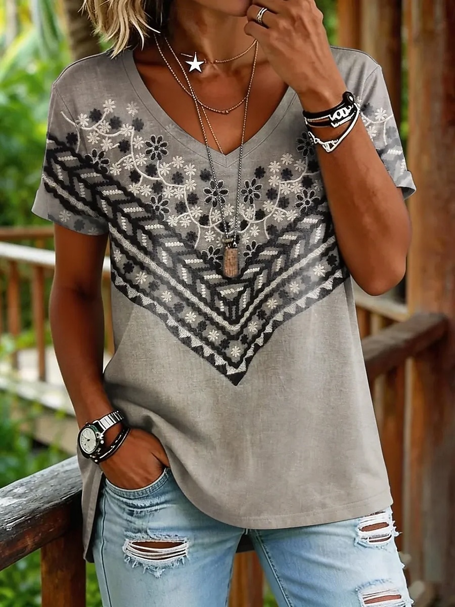 Dames T-shirt Afdrukken Grafisch Geometrie Vintage Stijlvol Klassiek Korte mouw V-hals Normale tops Casual Dagelijks Uitgaan blauw Geel Grijs Zomer Lente 2026 - $21.99 –P3