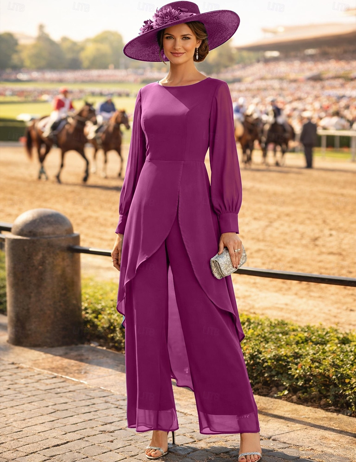 Buksedrakt Asymmetrisk Kjole til brudens mor Langermet Crew-hals Elegant Formell Bryllupsgjest Formell kveld Chiffon med Ensfarget 2026 - $160.99 –P10