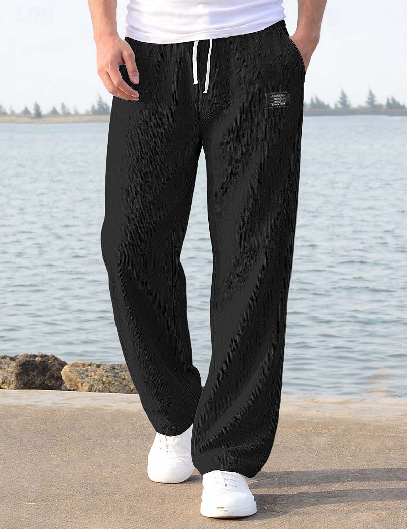 Men's Linen Pants Trousers Summer Pants Baggy Pants Beach Pants Drawstring Elastic Waist Straight Leg Plain Comfort Breathable Full Length Casual Daily Holiday Vacation Fashion Loose Fit Blue White 2026 - $27.99 –P10
