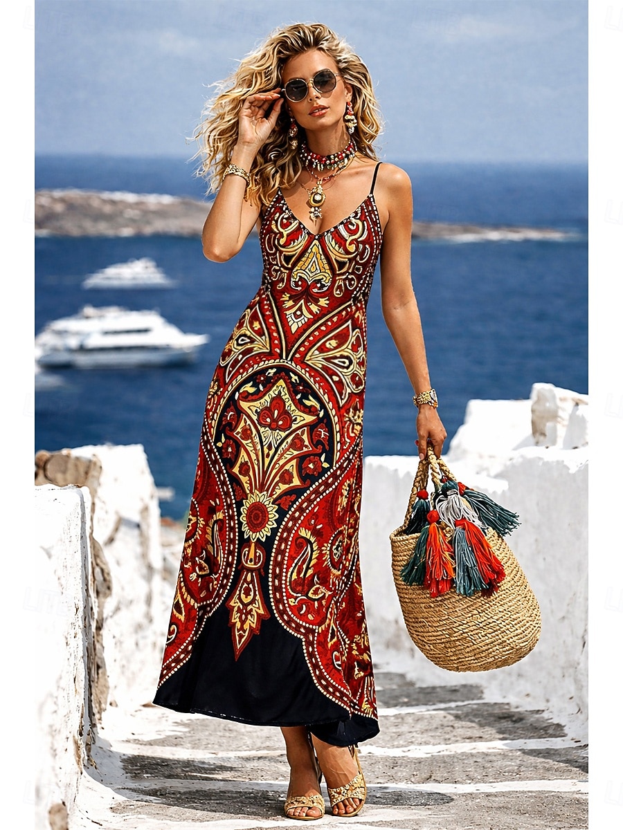 Dames Maxi-jurk Zonnejurk A lijn jurk Slipdress Vakantie Casual Strand Uitgaan Ruim Passend Grafisch Paisley Tribal Mouwloos V-hals Rood Zomer Lente 2026 - $36.99 –P2