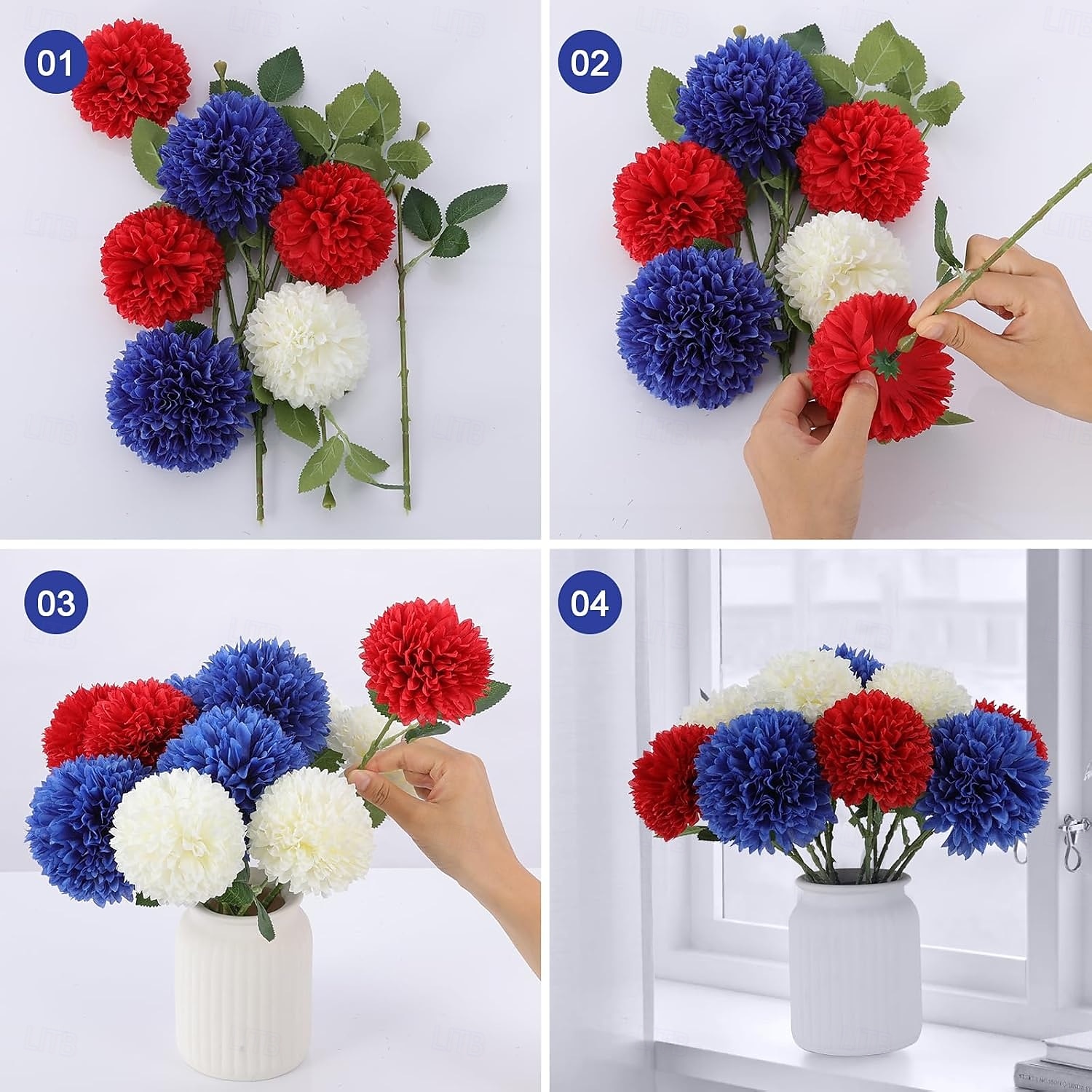 12 Pcs Artificial Chrysanthemums Flowers Patriotic Flower, 4th of July Fake Mums Flowers Silk for Home Decor Indoor Memorial Day Table Centerpiece Vase not Included (12, Red, White, Blue) 2026 - $23.99 –P3