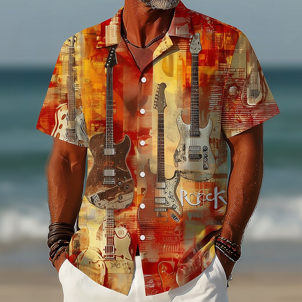 Voor heren Rots Gitaar Muziekinstrument Overhemd Overhemd met knopen Kampshirt Korte mouw Vintage Retro muziekfestival Feestdagen Zomer Lente Cubaanse kraag 3D-afdrukken blauw Oranje Groen 2026 - $25.99 –P1