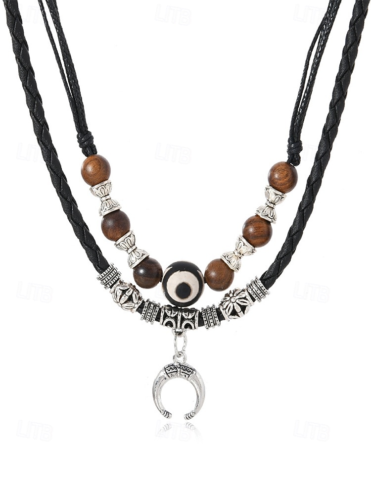 Men's Bohemian Style Double-Layer Necklace, Alloy & Leather Cord Mixed Material, Crescent Moon Pendant, Adjustable, Perfect for Beach Vacation, Daily Casual Wear 2026 - $9.99 –P8