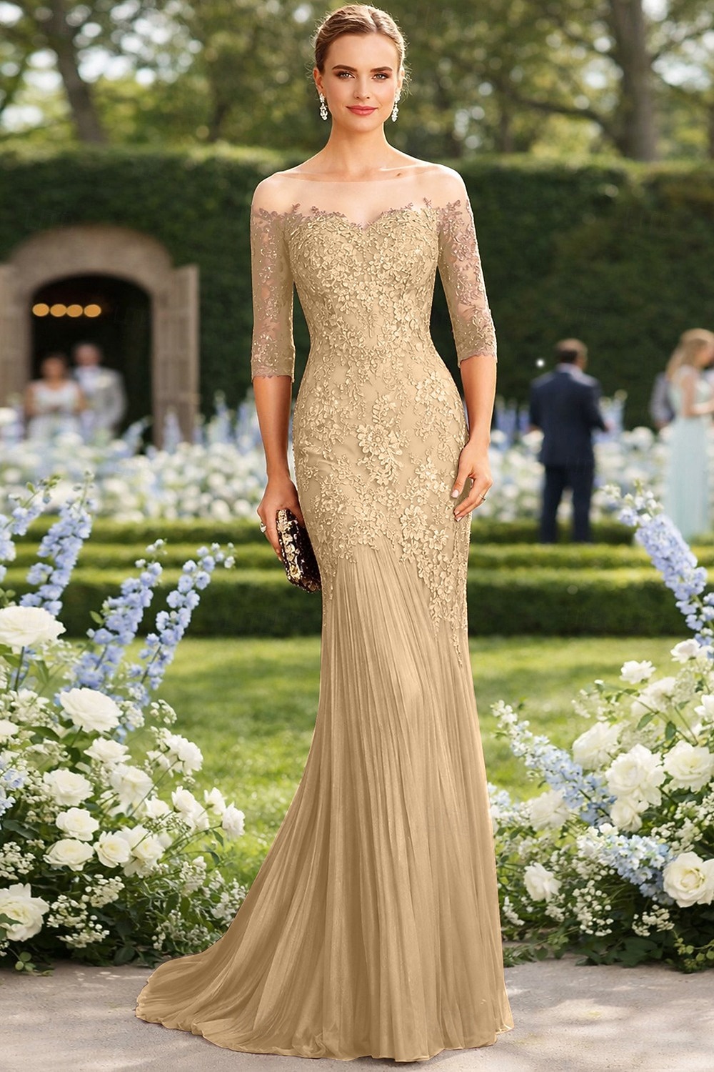 Syrena Tren sweep Suknia Suknia wieczorowa Sukienka dla matki panny młodej Rękaw 1/2 Łódeczka Elegancja Formalny Gość weselny Koronka Tiul z Haft nakładany 2026 - $208.99 –P8