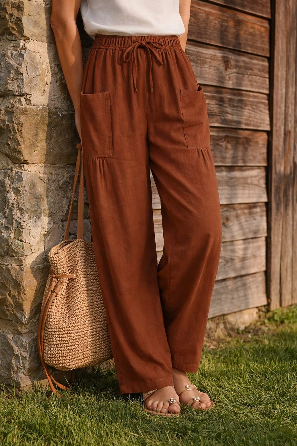 Жен. Широкие Льняные брюки Штаны Чино Отпуск Мода Классический Полная длина Нормальная Полотняное плетение Кулиска Плиссировка Карман Комфорт Легкость Дышащий Неэластичная 2026 - $19.99 –P11