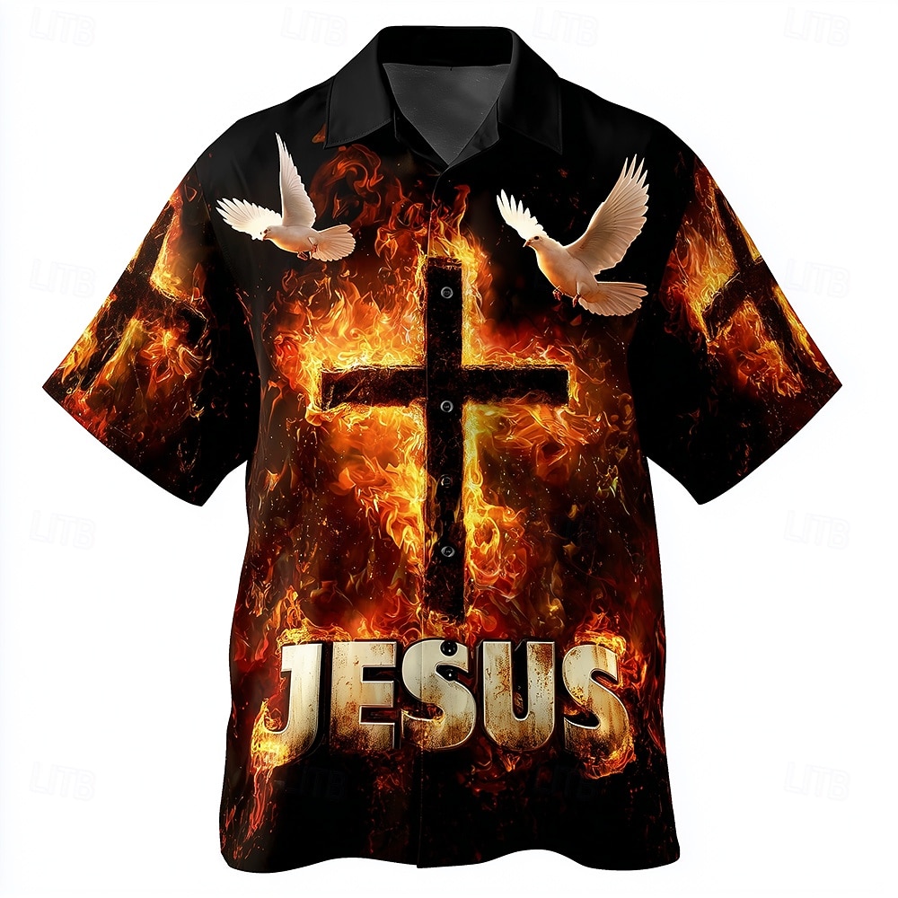 Herren Kreuzfahrer Kreuz Jesus Hemd Knopfhemd Camp-Kragenhemd Kurzarm Vintage-Retro Streetwear Ferien Sommer Frühling Kubanisches Halsband 3D-Druck Blau Schwarz Braun 2026 - $25.99 –P1