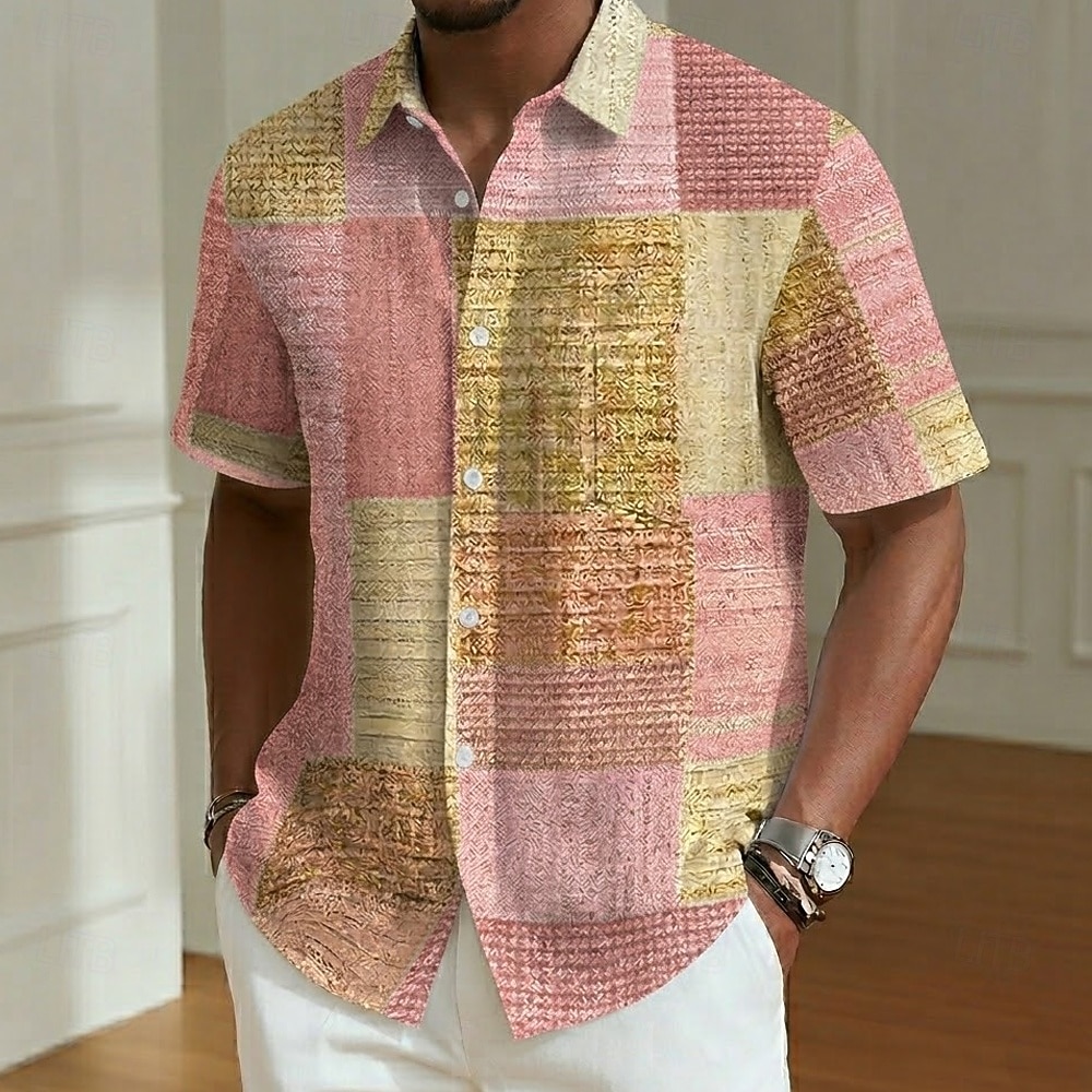 Herren Geometrisch Farbblock Patchwork Hemd Sommerhemd Knopfhemd Kurzarm Modisch lässig Täglich Outdoor Ferien Sommer Frühling Umlegekragen 3D-Druck Eine Tasche vorne Leinenähnliches Hemd Blau Rosa 2026 - $25.99 –P3