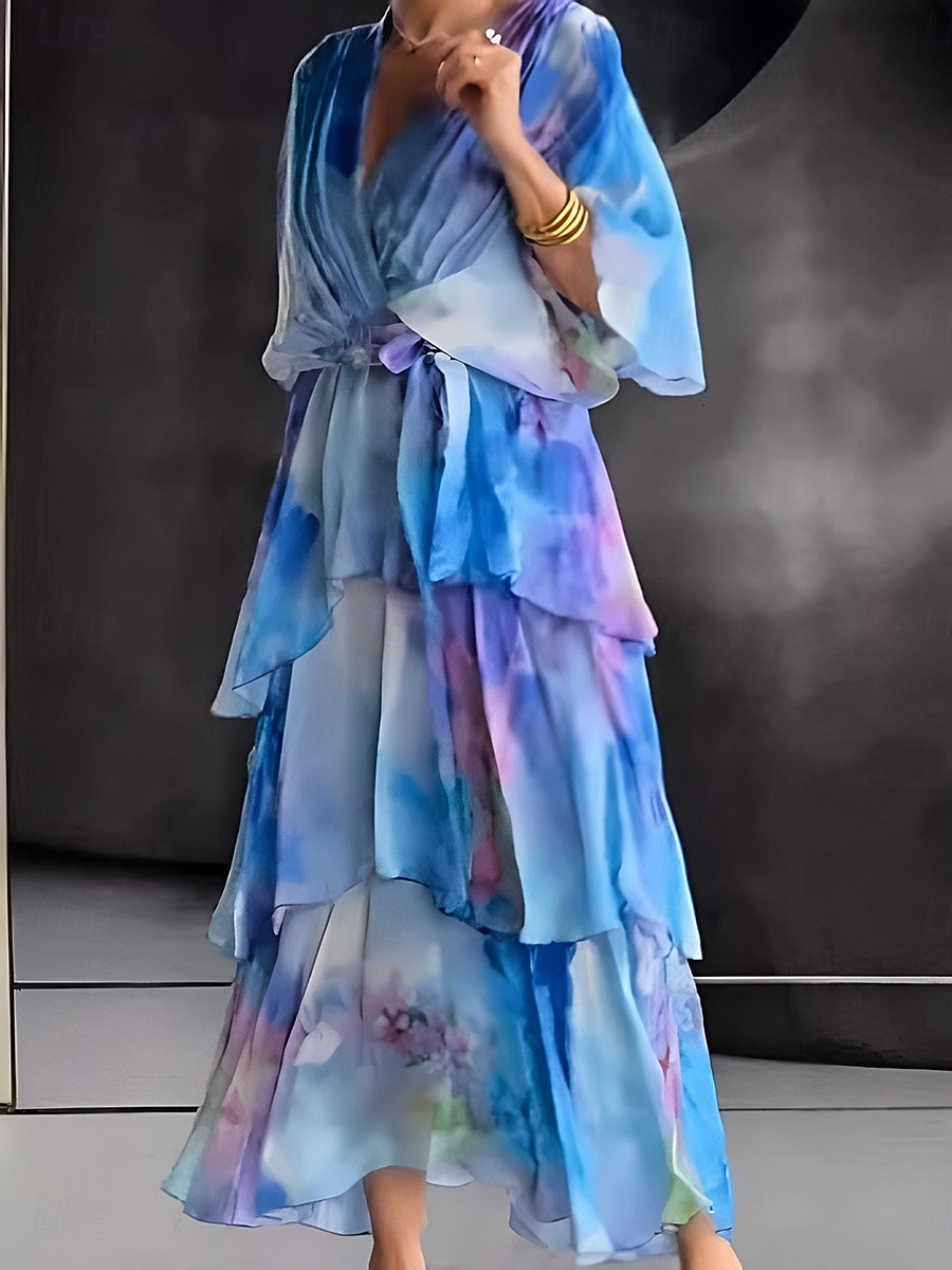 Damen Midikleid Chiffonkleid Stufenkleid Druckkleid Mode Modern Urlaub Ausgehen Wochenende Normale Passform Abstrakt Kurzarm V Ausschnitt Blau Gelb Purpur Orange Sommer Frühling 2026 - $39.99 –P2