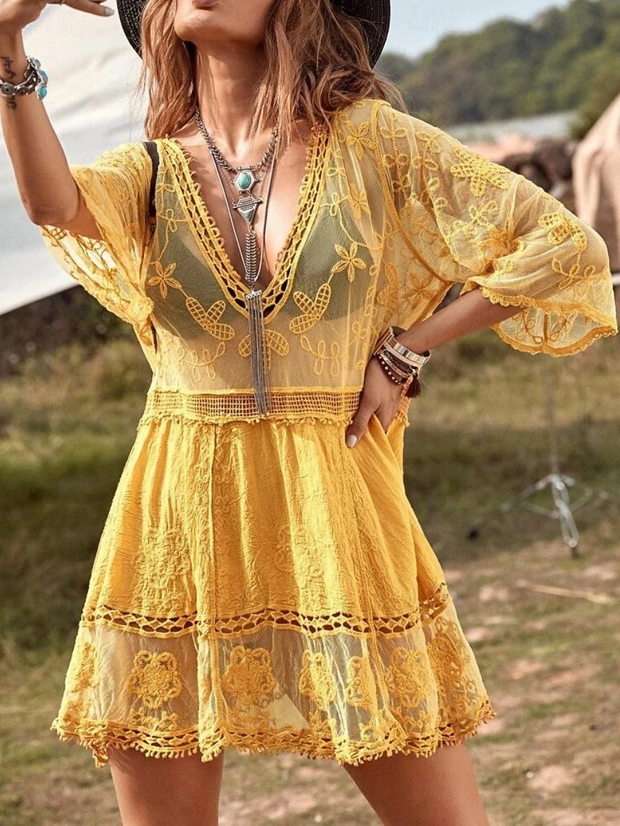 Γυναικεία Μαγιό Που καλύπτει Μαγιό-φόρεμα Μαγιό Δαντέλα Διακοπές Ρούχα παραλίας Συμπαγές Χρώμα Λαιμόκοψη V Μακρυμάνικο Μαγιό 2026 - $22.48 –P17