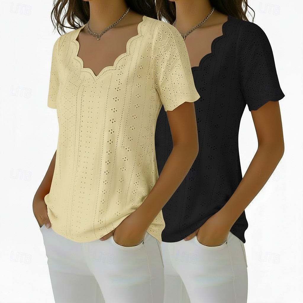 pachete multiple 2 buc bluză textură top cu ochiuri tricou simplu elegant de bază clasic mânecă scurtă decolteu în V topuri obișnuite casual zilnic plajă galben+negru 2026 - $38.99 –P6