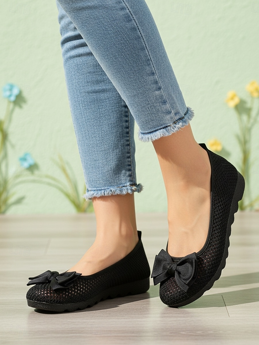 Ballerines noires en maille pour femme, respirantes, ornées d'un nœud décoratif, à enfiler, confortables et décontractées, idéales pour le bureau et le quotidien. & été de 2026 ? $19.99 –P1