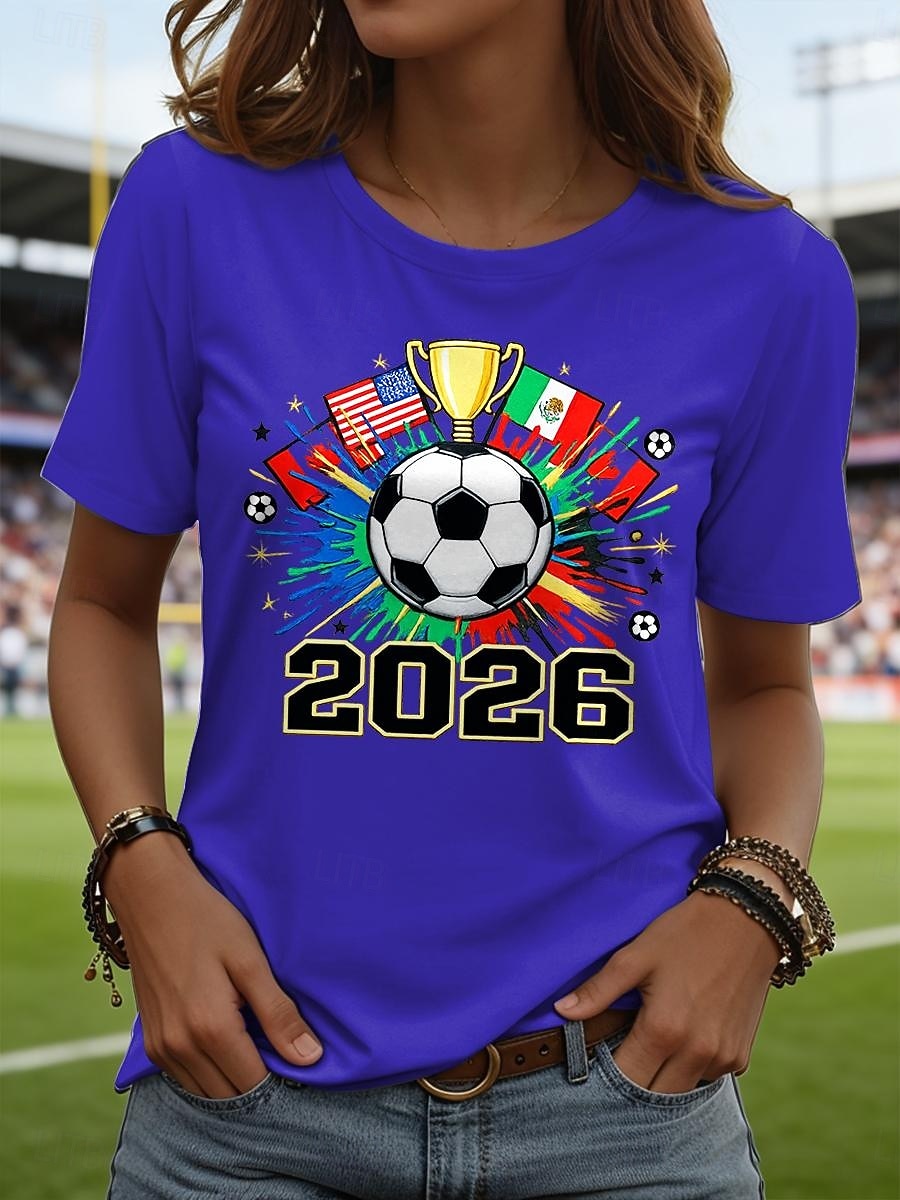2026年 女性用 Tシャツ プリント グラフィック サッカーチーム スタイリッシュ クラシック カジュアル 半袖 クルーネック レギュラートップス 日常 ブルー ブラック ホワイト ルビーレッド 夏 春  コレクション – $21.99 –P3