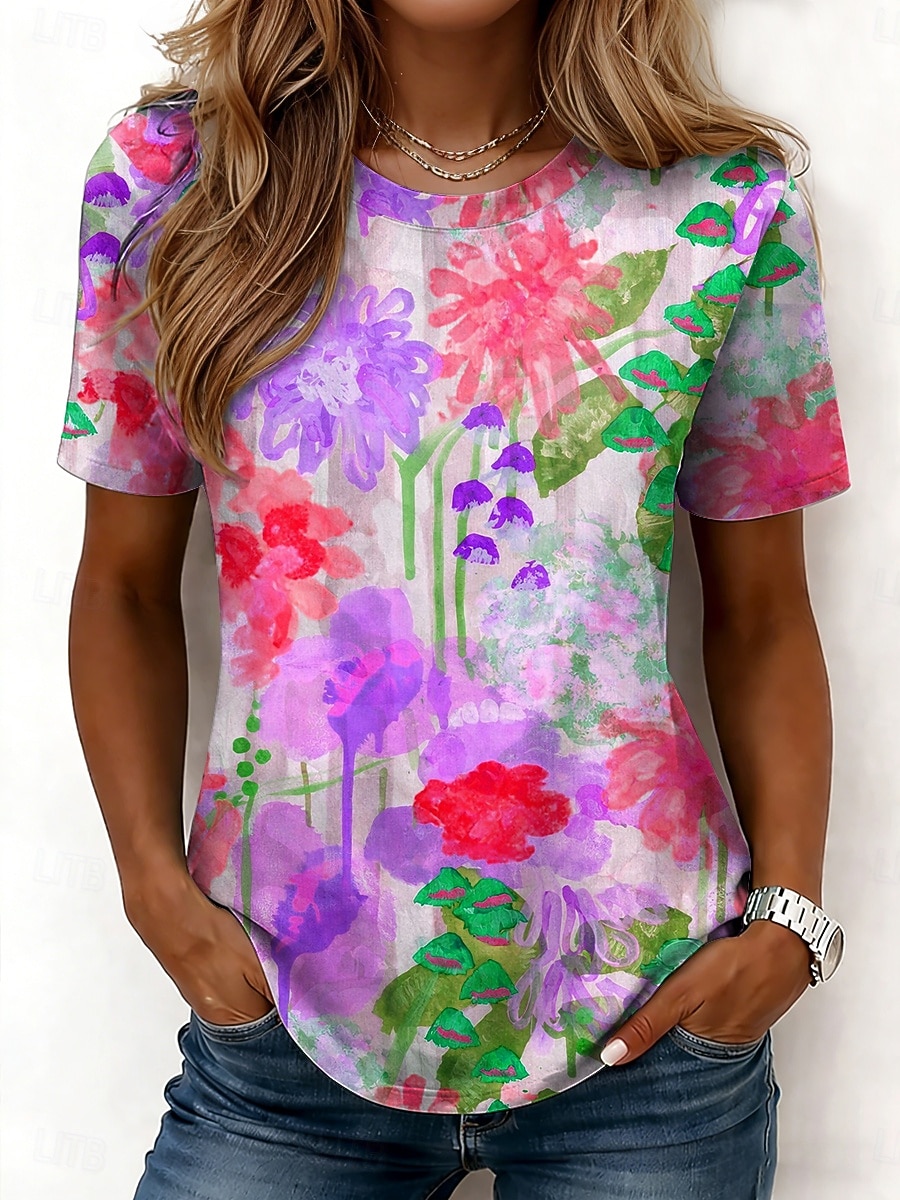 Dam T-shirt Mönster Blommig Grafisk Mode Stylish Klassisk Kortärmad Rund hals Vanliga toppar Ledigt Dagligen Helgen Blå Rodnande Rosa Purpur Grön Sommar Vår 2026 - $21.99 –P4