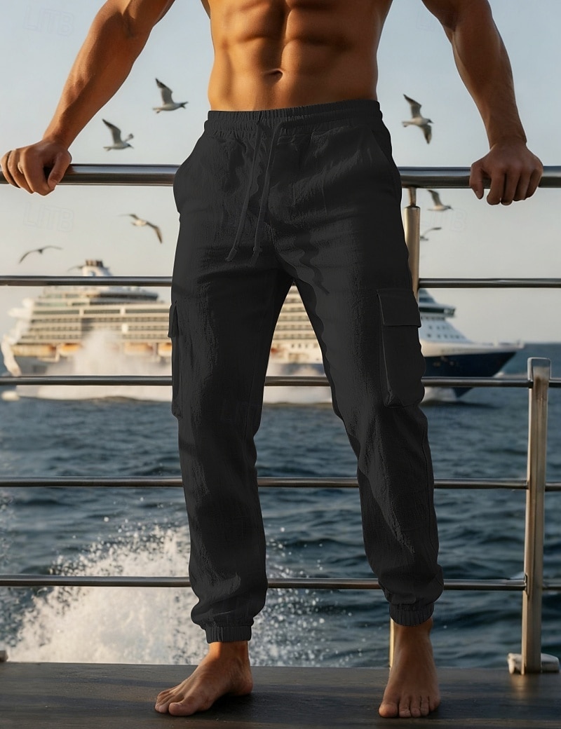 Herren Cargo-Hosen Leinenhosen Hose Sommerhose Strandhose Kordelzug Elastischer Bund Mehrere Taschen Einfach Komfort Atmungsaktiv Täglich Outdoor Strand Urlaub Mode Schwarz Weiß Unelastisch 2026 - $25.99 –P10