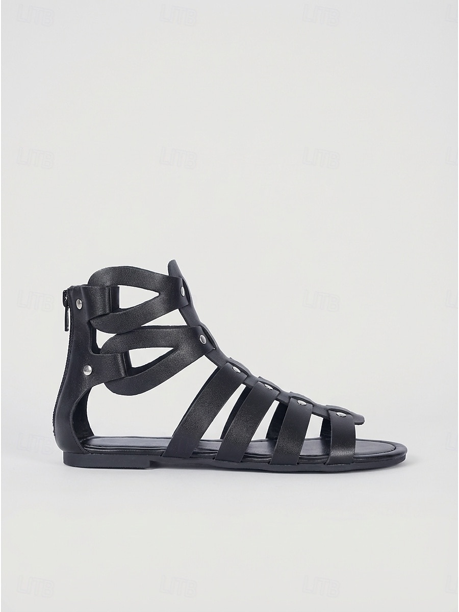 Sandales gladiateur noires cloutées pour femmes - sandales plates à brides tendance avec rivets argentés, idéales pour les festivals de musique d'été et les concerts rock. &style bohème de rue de 2026 ? $32.99 –P3