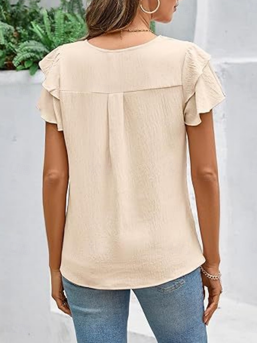 Dames T-shirt Met ruches Effen Elegant Modieus Stijlvol Korte mouw Strakke ronde hals Normale tops Dagelijks Uitgaan Weekend Zwart Wit Marineblauw Groen Abrikoos Zomer Lente 2026 - $21.99 –P10