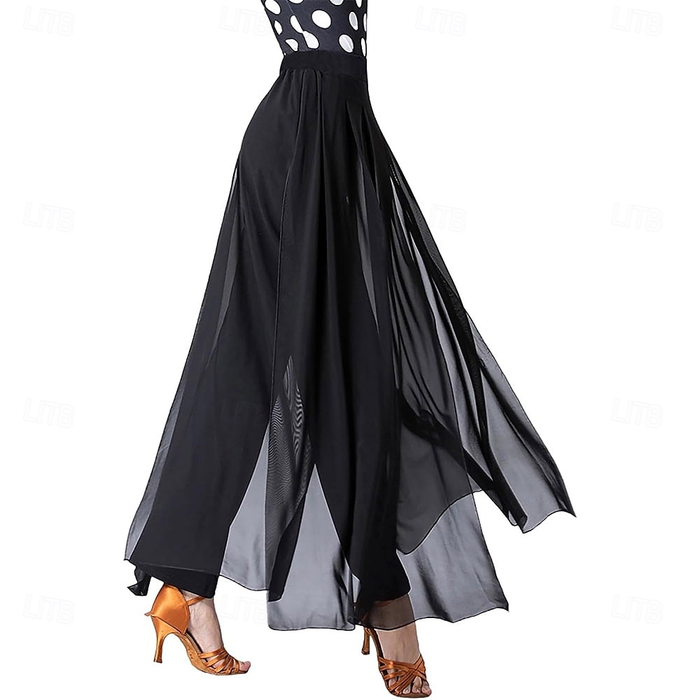 Svarte damebukser til latinamerikansk ballroom-danse – chiffonbukser med lagdelte palazzo-detaljer for rumba og salsa &vals 2026 - $73.99 –P2