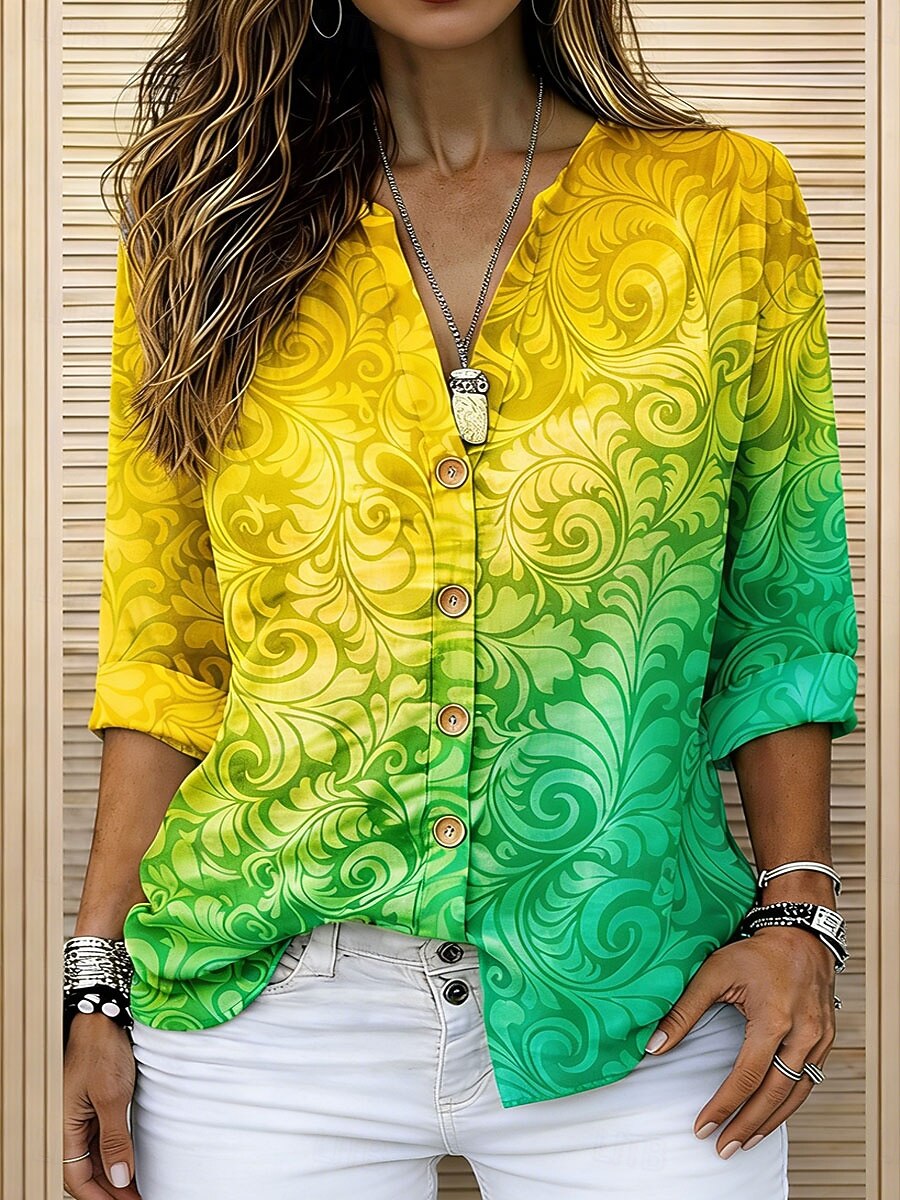 Femmes Chemise Tunique Hauts d'été Boutons A Ombre Graphique Vacances Quotidien manche longue Col en V Hauts Réguliers Quotidien Fête Sortir Bleu Violet Orange Vert Été Printemps de 2026 ? $33.99 –P2