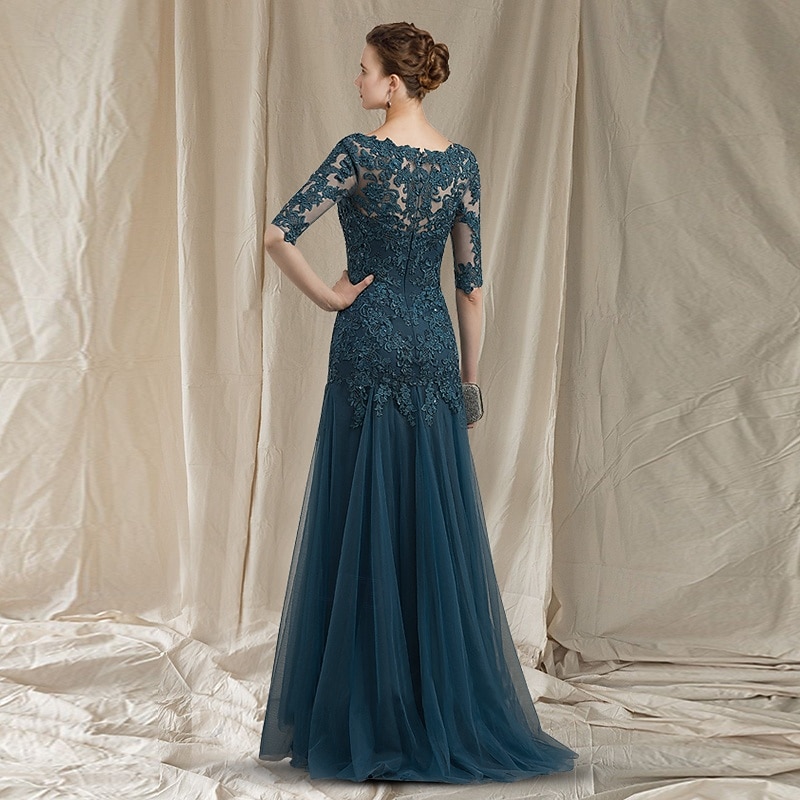 A-Linie Bodenlange Schleppe Kleid für Hochzeitsgäste Abendkleid Brautmutterkleid Halbarm V Ausschnitt Elegant Hochzeitsfeier Spitze Tüll nein mit Rüschen Applikationen 2026 - $206.99 –P7