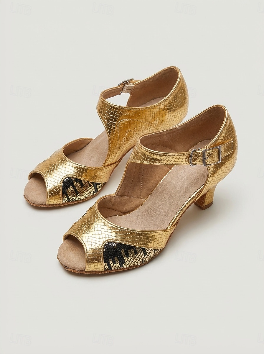 Goldene Damen-Lateintanzschuhe, offene Zehenpartie, Knöchelriemen, niedriger Absatz, Übungsschuhe für Salsa, Tango und Standardtänze & Ausbildung 2026 - $59.99 –P4