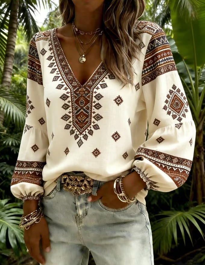 Per donna Camicia Grafico Geometrico Paisley Bohemien Vacanza Vintage Manica Lunga Scollo a V Top Regolari Casuale Quotidiano Ferie Blu / nero Rosa Blu scuro Beige Estate Primavera del 2026 a $32.99 –P1