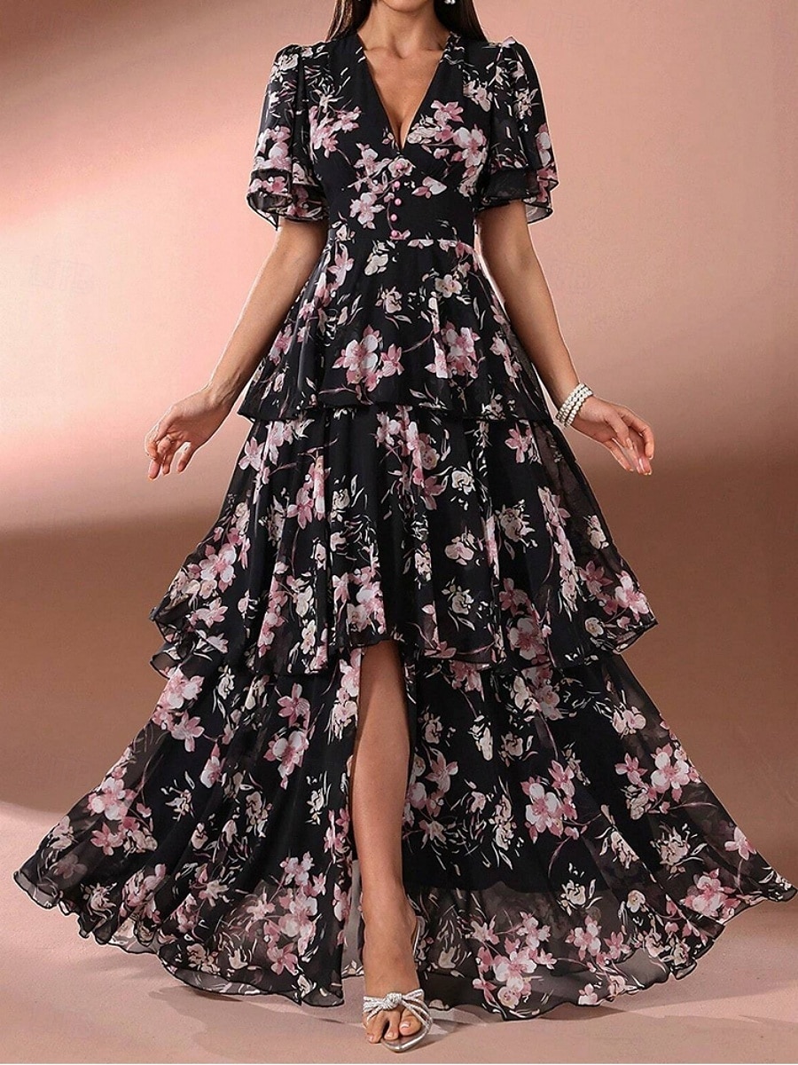 Mulheres Vestido Longo Vestido de chiffon Vestido casual Vestido floral Elegante Moda Moderno Ao ar livre Férias Para Noite Normal Floral Manga Curta Decote V Preto Rosa Verão Primavera de 2026 por $47.99 –P2