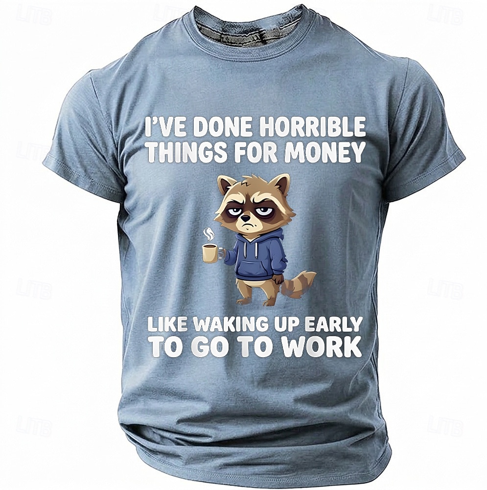 Maglietta da uomo con stampa divertente di un procione "Ho fatto cose orribili per soldi", maniche corte, girocollo, procione stanco che beve caffè, umorismo da ufficio, regalo sarcastico per del 2026 a $18.99 –P5