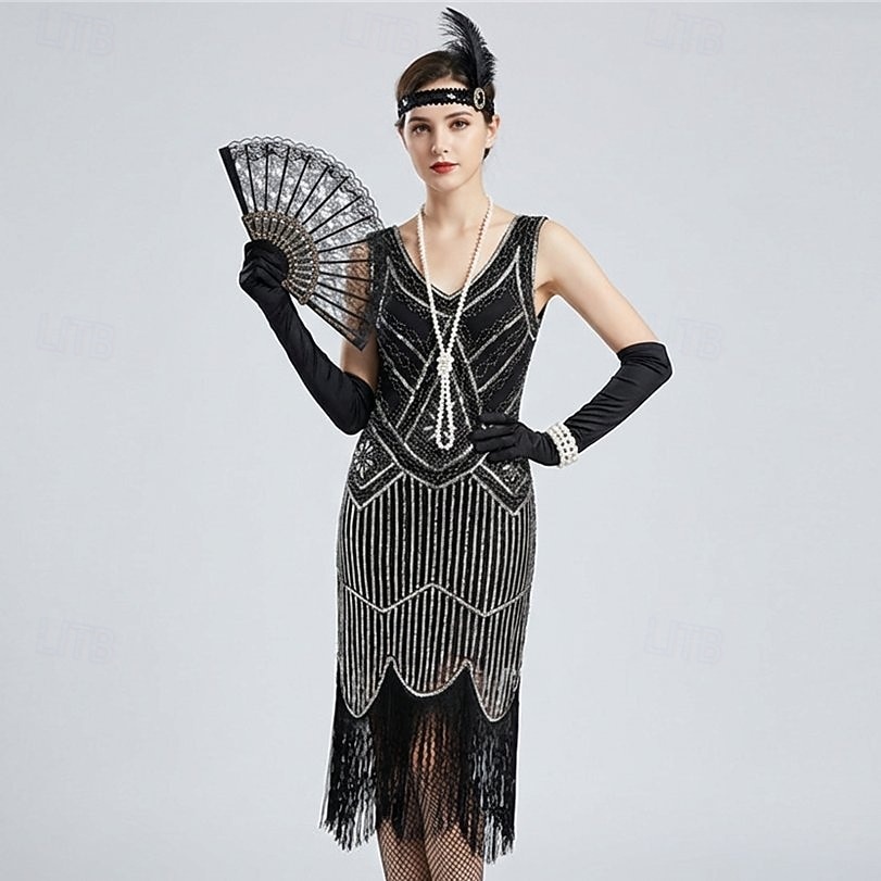 Zabytkowe Ryczące 20s 1920 roku Do kolan Sukienka w stylu lat 20-tych Rękawiczki Nakrycie głowy Bez rękawów Wielki Gatsby Czarleston Cekiny Frędzel Strój na bal maskowy Damskie Halloween Karnawał 2026 - $64.99 –P7