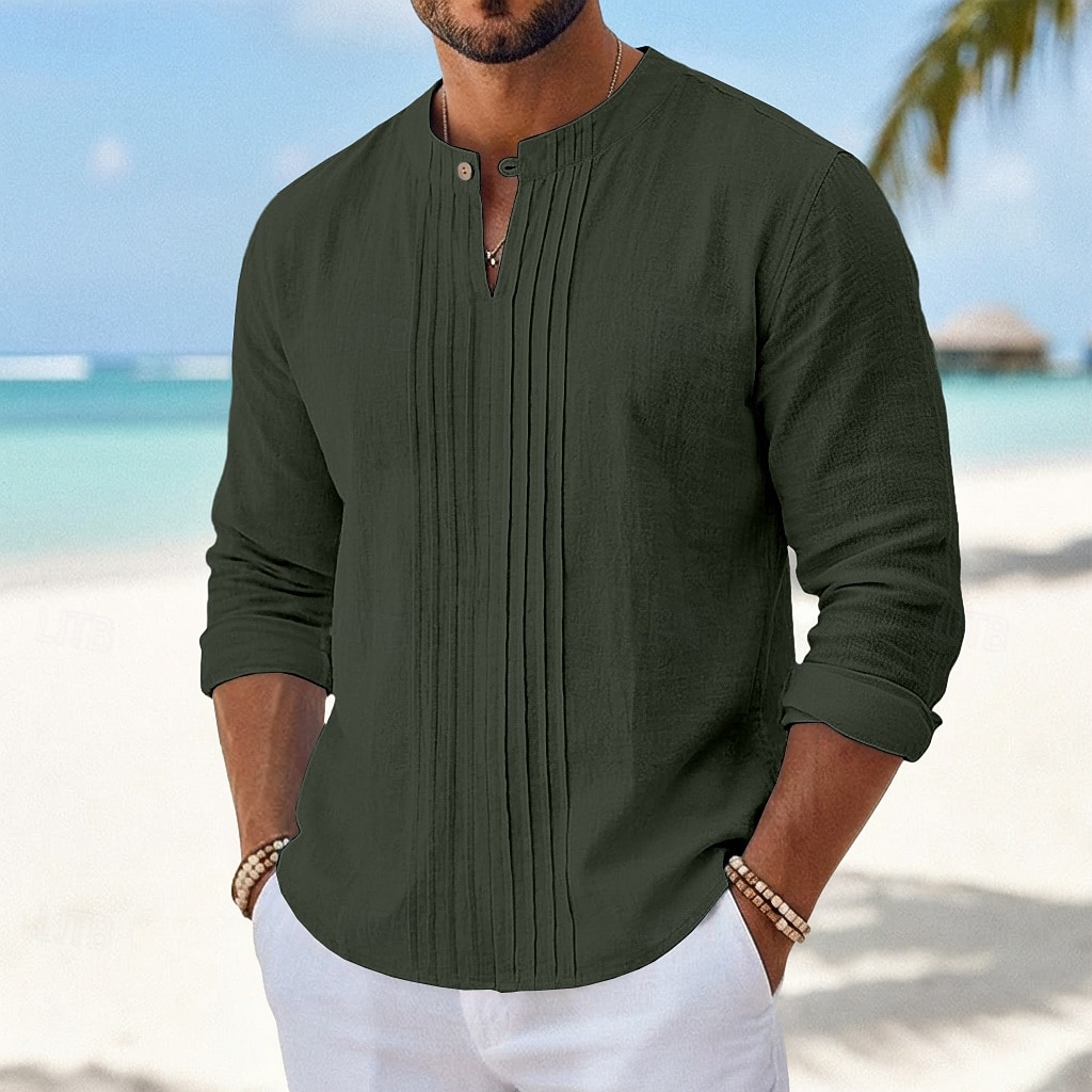 Herren Hemd Leinenhemd Sommerhemd Strandhemd Einfarbig Lässig Urlaub Blau Schwarz Weiß Khaki Langarm Mandarinkragen Sommer Bekleidung Gerafft 2026 - $25.99 –P7