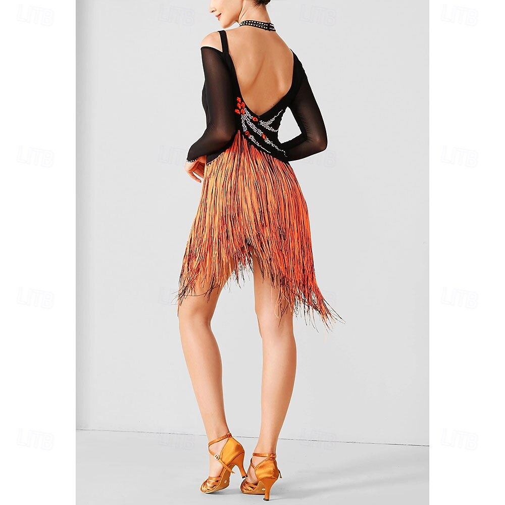 Women's Latin Dancewear - Black & Orange Rhinestone Mesh Long Sleeve Bodysuit with Rhythmic Tassel Hem for Performance 2026 - $280.69 –P2