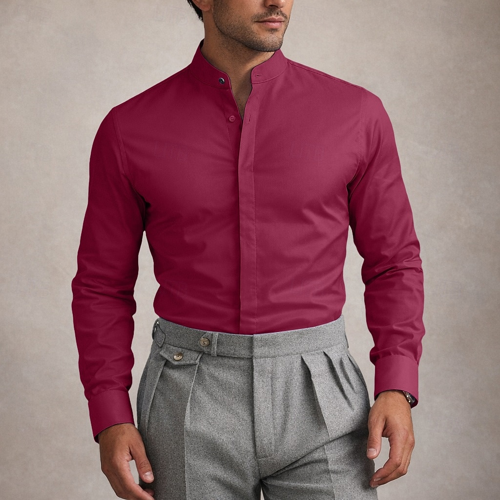 Homens Camisa Social Saia Camisa não de ferro Tecido Diário O negócio Amarelo Claro Azul Claro Preto Branco Manga Longa colarinho do vovô Todas as Estações Roupa de 2026 por $29.99 –P4