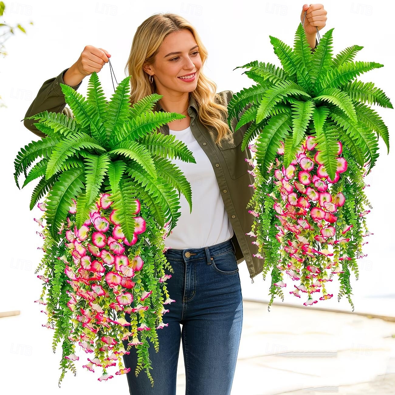Ensemble de 4 plantes artificielles de type fougère de Boston et ipomée de la pampa, à suspendre soi-même. Résistantes aux UV, ces plantes artificielles réalistes sont toujours vertes et ne de 2026 ? $19.99 –P1
