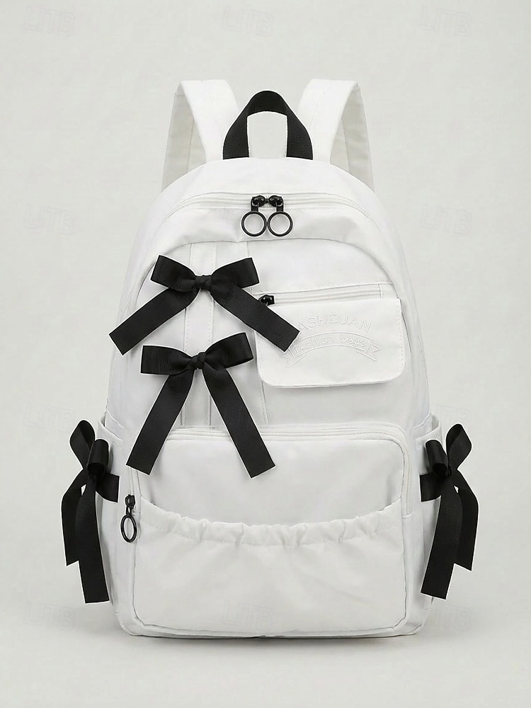 Mochila feminina de poliéster com laço decorativo, várias cores, grande capacidade com vários bolsos, alças ajustáveis, perfeita para o ensino fundamental. &volta às aulas no ensino fundamental, de 2026 por $24.99 –P10