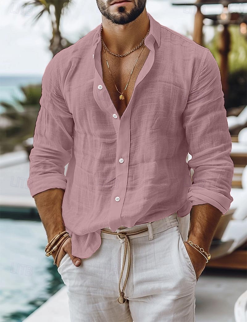 בגדי ריקוד גברים חולצה חולצת פשתן חולצת קיץ ביגוד חוף חולצה עם כפתורים אחיד קזו'אל יומי פול שחור לבן ורוד מסמיק שרוול ארוך קולר אביב קיץ ביגוד 2026 - $24.99 –P14
