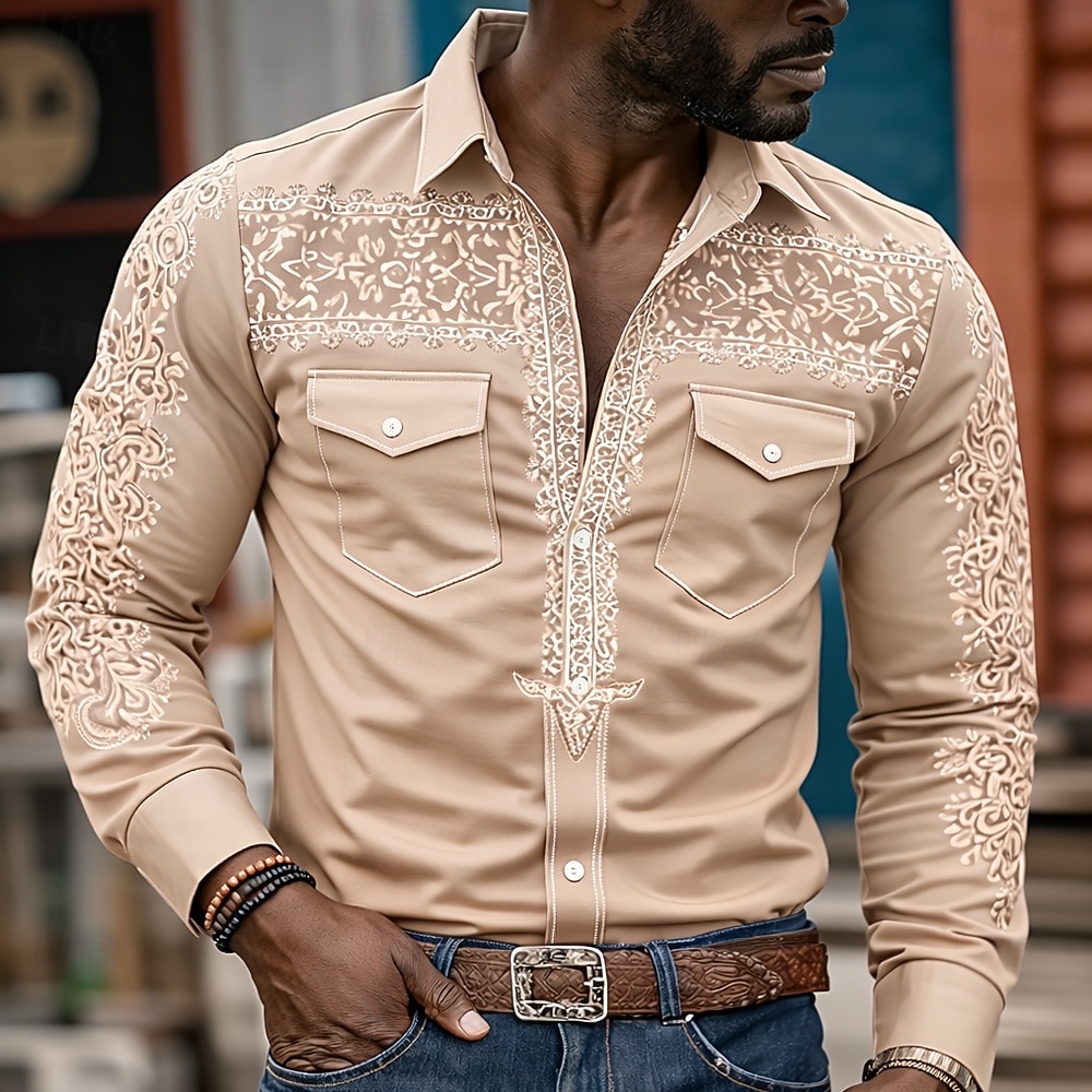 Herren Kuhmuster Ethnisch Komplizierte Blumen Hemd Westernhemd Cowboy-Shirt Langarm Vintage-Retro Lässig Outdoor Arbeitskleidung Frühling Herbst Umlegekragen Zwei Fronttaschen Leinenähnliches Hemd 2026 - $27.99 –P4