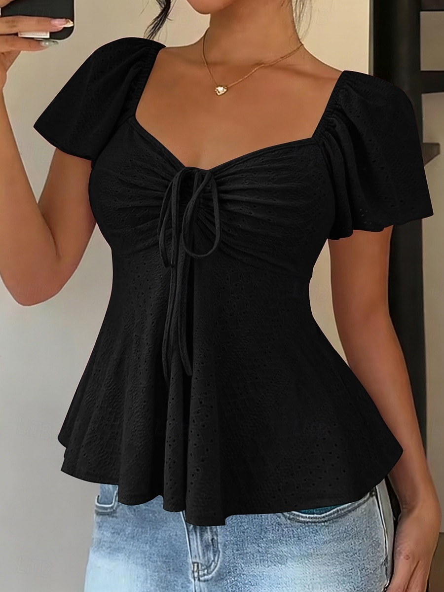 Femmes Chemisier Cordon de serrage Œillet Couleur Unie Élégant Sexy Occasionnel Manche Courte Col carré Hauts Réguliers Quotidien Noir Blanche Jaune Rose Claire Bleu Ciel Été Printemps de 2026 ? $19.99 –P13