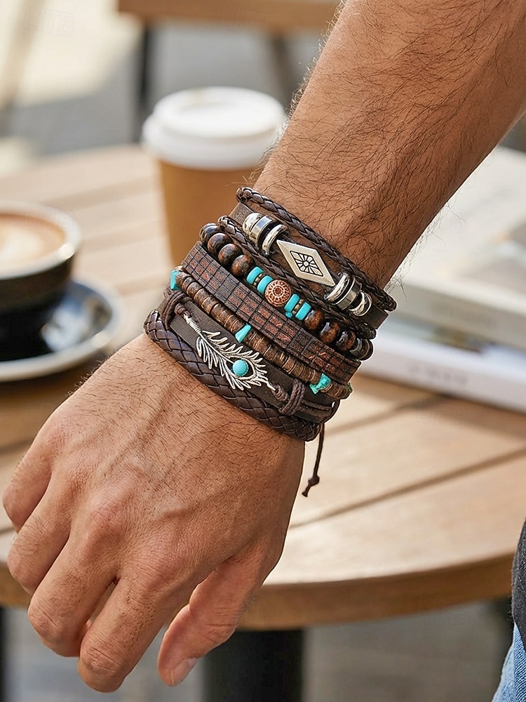 סט צמידים בסגנון בוהמי לגברים, אורך מתכוונן בן 6 חלקים, סגסוגת, קליפת קוקוס &חומר מעורב עץ, מושלם לחופשת חוף, ללבישה יומיומית קז'ואלית 2026 - $11.99 –P2