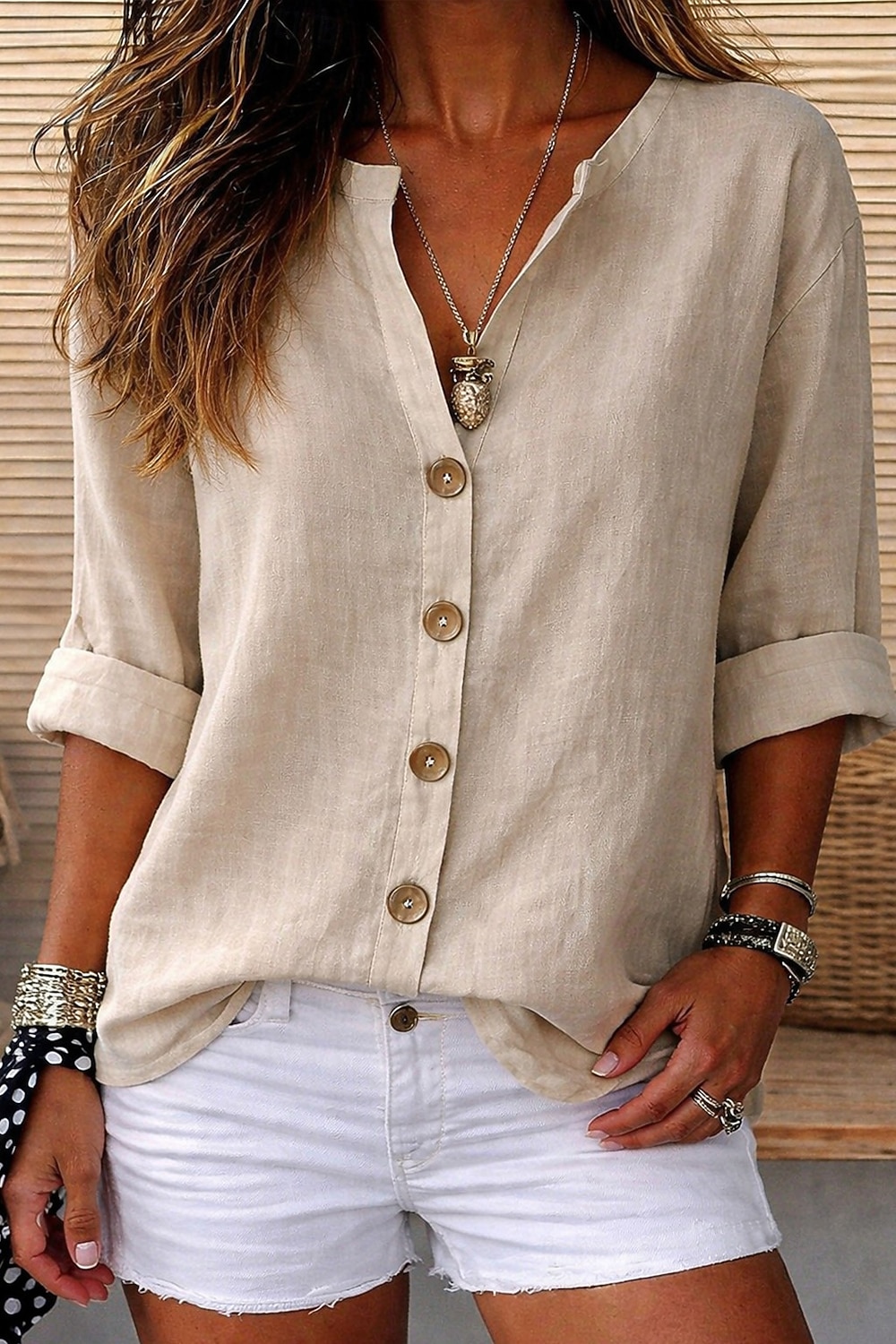 Blusa de mujer 100% algodón con botones, color liso, para uso diario informal, manga 3/4, cuello en V, tops regulares, para uso diario, negro, blanco, rojo, naranja, verde, verano, primavera, otoño 2026 - $27.99 –P5