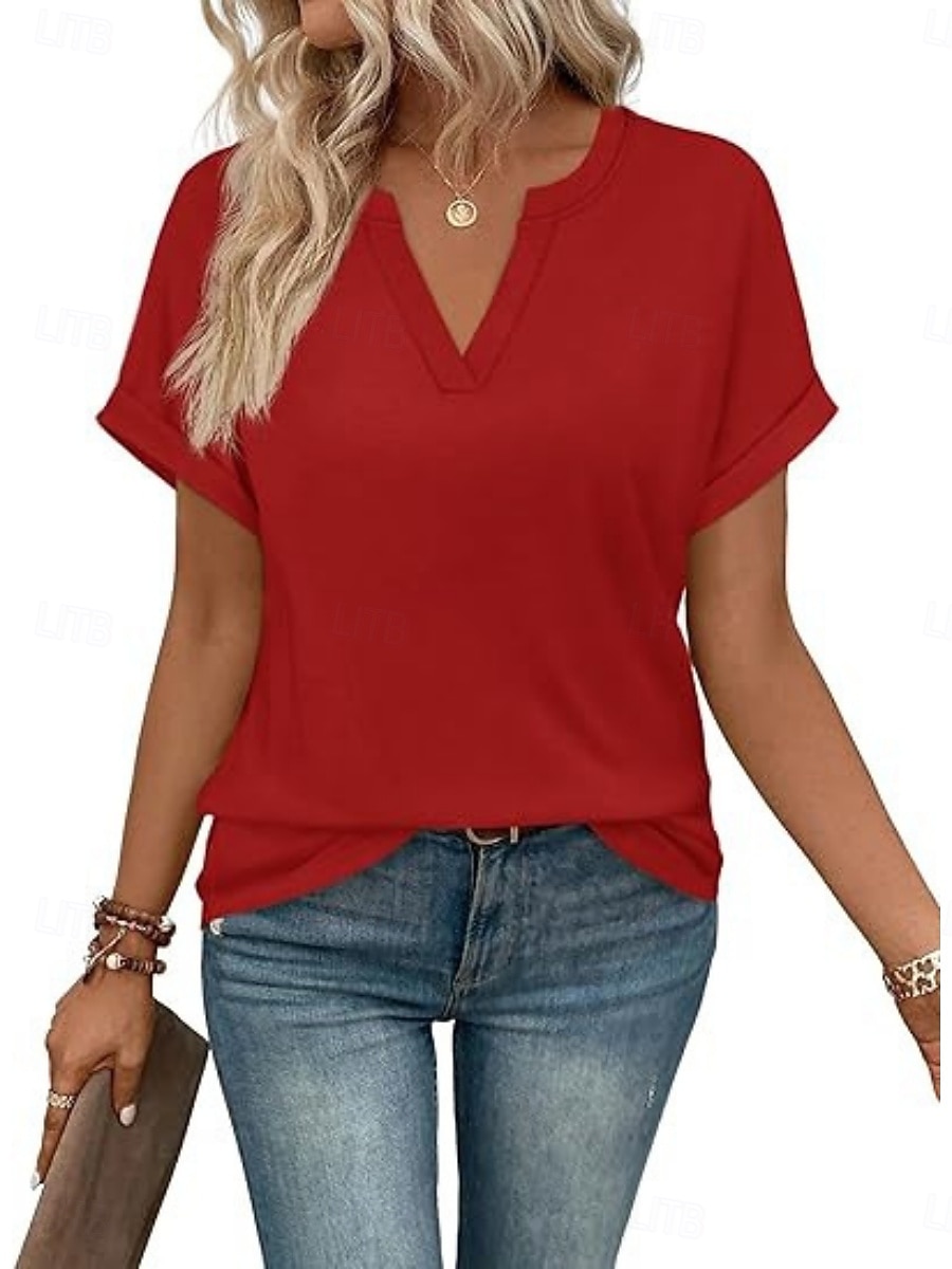 Femmes T-shirt Uni Mode Élégant Classique Manche Courte Col en V Hauts Réguliers Quotidien Sortir Week-end Bleu Noir Blanche Rose Claire Rouge Été Printemps de 2026 ? $19.99 –P16