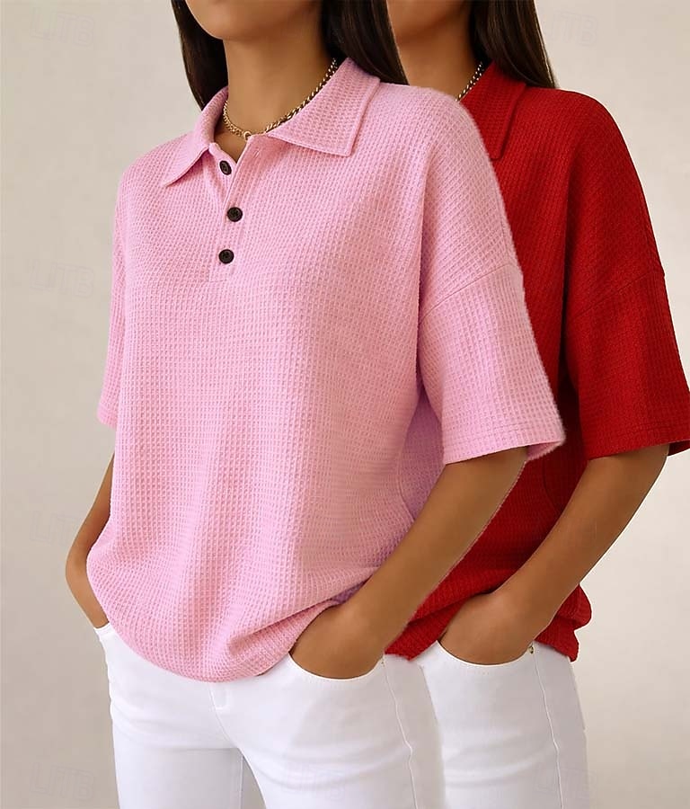 Damskie Koszula waflowa Jednokolorowe Elegancja Aktywny Urlop Bez rękawów Rękaw 1/2 W serek Kołnierz polo Długie topy Codzienny Na zewnątrz Streetwear Niebieski / Czarny Biały + czarny Czerwony 2026 - $45.99 –P5
