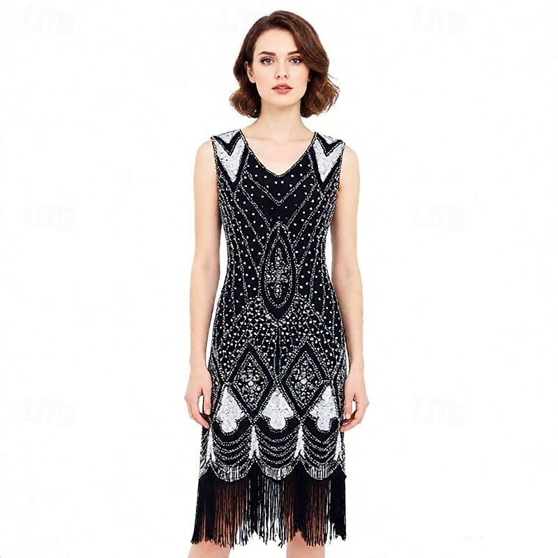 Vintage Roaring 20s 1920s Knee Length Dress Flapper Dress Gloves Sleeveless The Great Gatsby Charleston Sequins Tassel Fringe Fancy Dress Women's Halloween Carnival Cocktail Party Adults' 1 Fan Dress 2026 - $66.99 –P8