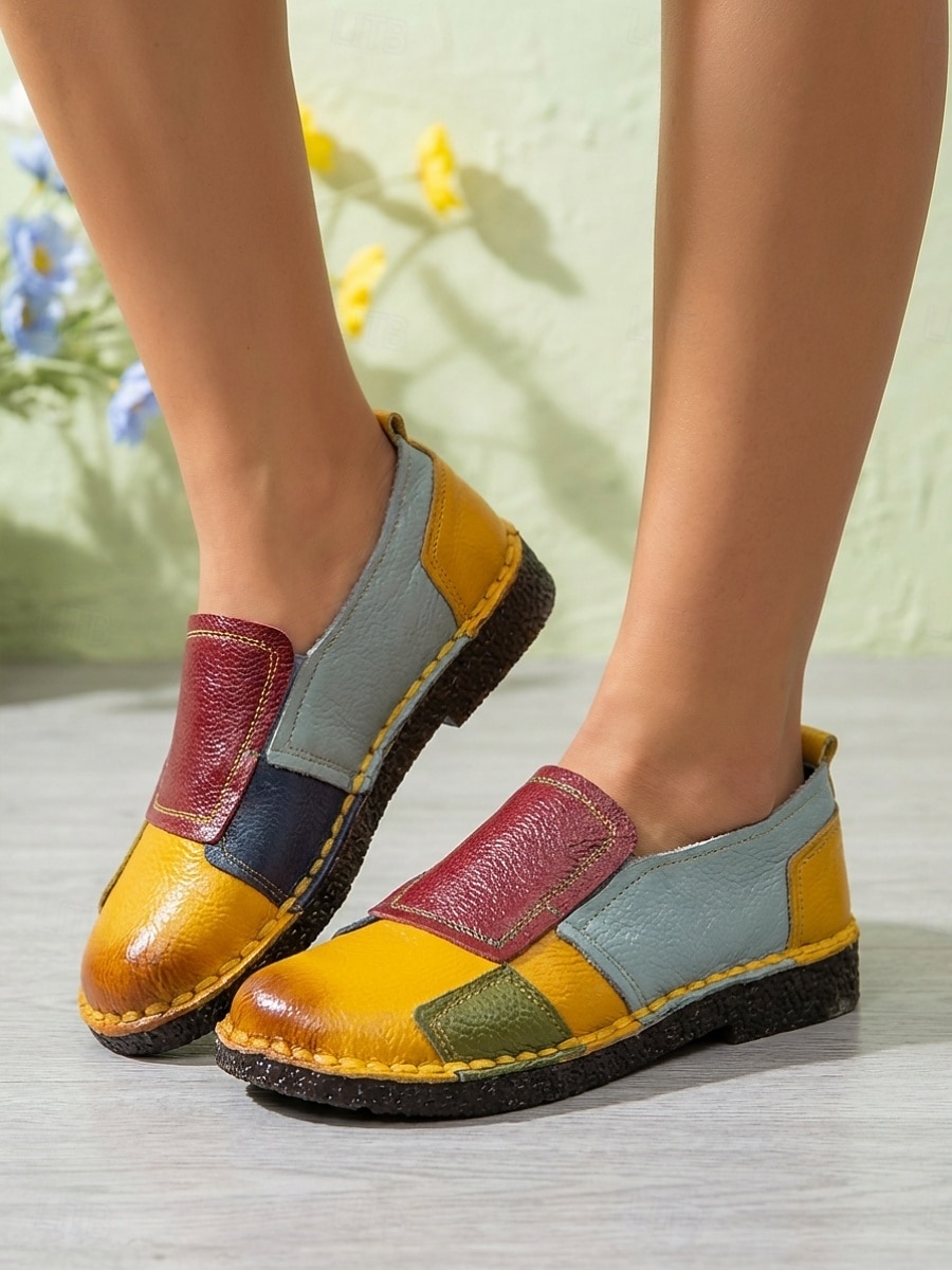 Women's Yellow Genuine Cowhide Colorblock Flats, Hand Stitched Slip On Casual Shoes, Comfortable Soft Sole Footwear for Daily Wear, Travel, Vacation & Casual Outings 2026 - $42.99 –P1