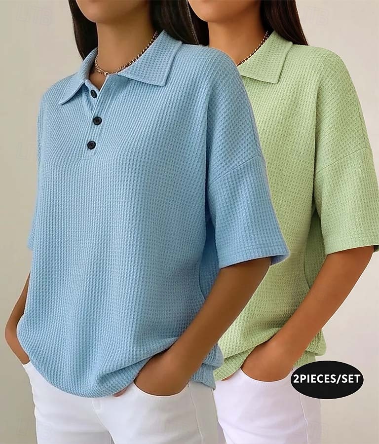 Damskie Koszula waflowa Jednokolorowe Elegancja Aktywny Urlop Bez rękawów Rękaw 1/2 W serek Kołnierz polo Długie topy Codzienny Na zewnątrz Streetwear Niebieski / Czarny Biały + czarny Czerwony 2026 - $45.99 –P1