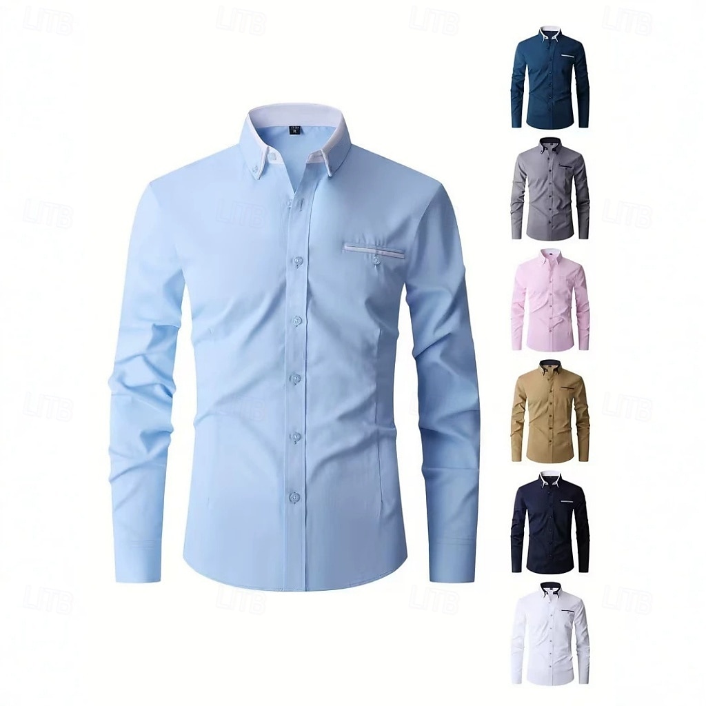 2026年 男性用 シャツ ドレスシャツ ボタンダウンシャツ 純色 アウトドア ビジネス ブルー ブラック ホワイト ピンク 長袖 折襟 夏 春 衣類 ボタン  コレクション – $22.99 –P1